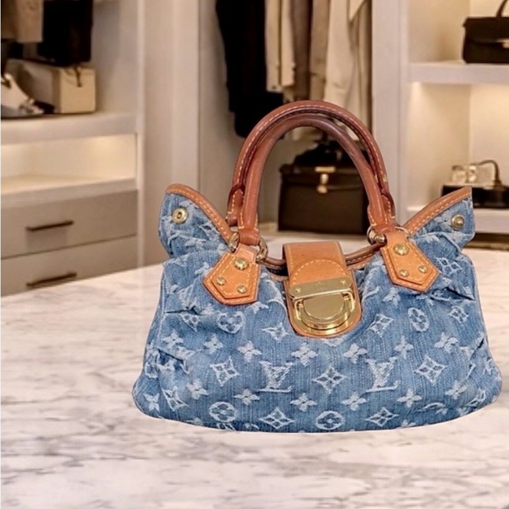 Louis Vuitton Pleaty Monogram Denim Bag Blue Vachetta Shoulder Handbag Receipt